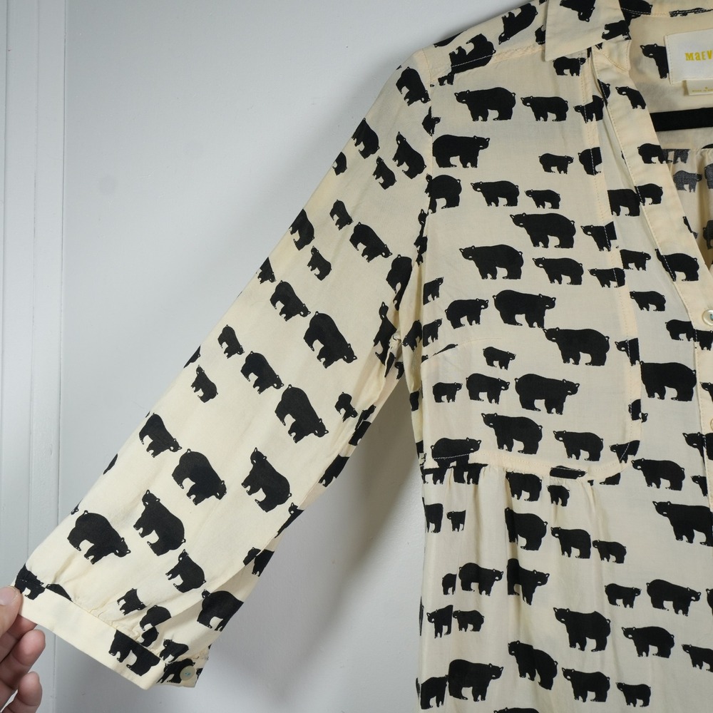 Maeve Bear Print Blouse Women 6 Cream Black Anthropologie Button Down 3/4 Sleeve - Picture 3 of 9
